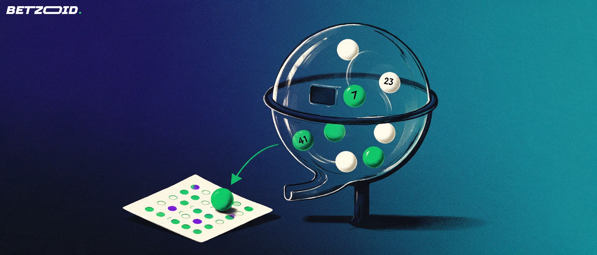 Illustration of a spherical lottery draw drum with tumbling numbered balls, one ball rolling down a chute onto a blank betting stub marked with dots.