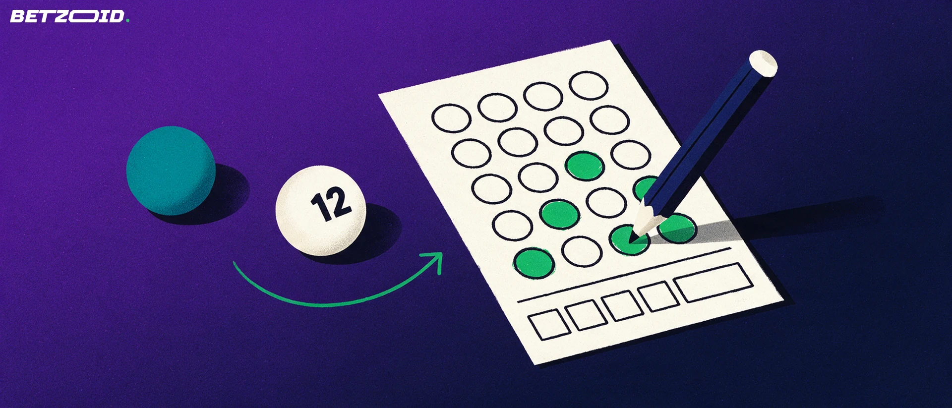 Overhead illustration of a lottery coupon with a grid of circles, six marked in green, a pencil across it and two lottery balls beside it.