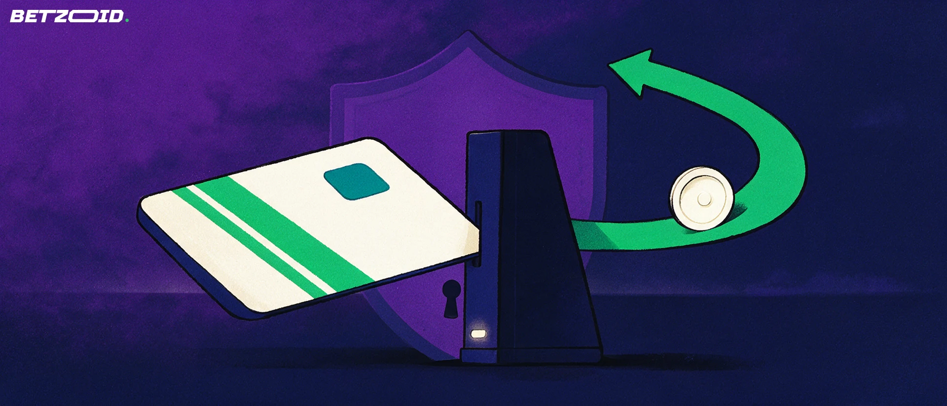 Illustration of a payment card entering a terminal slot with a green arrow looping a coin back out in front of a shield with a keyhole.