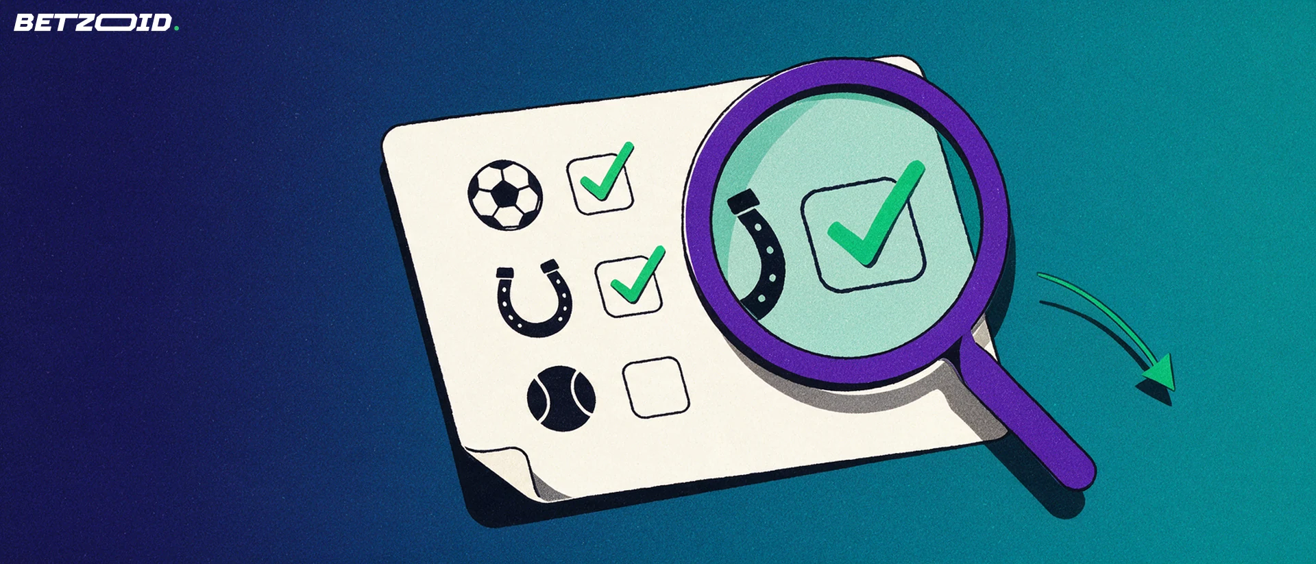 Illustration of a magnifying glass inspecting a betting slip marked with football, horseshoe and tennis symbols.