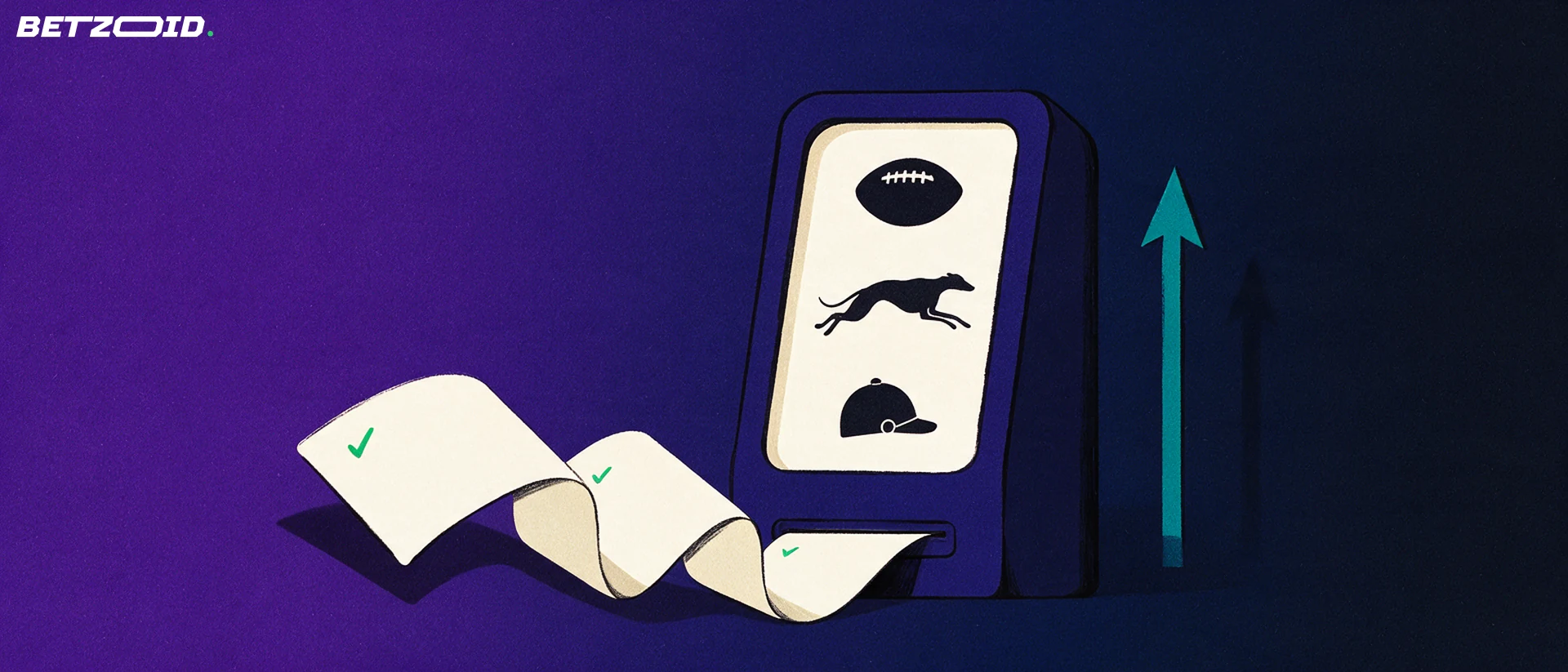 Illustration of a betting terminal displaying football, greyhound and jockey cap symbols with printed tickets fanning out.