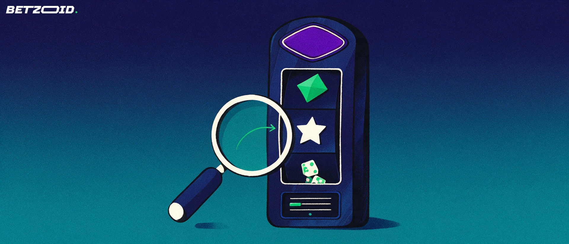 Illustration of a magnifying glass inspecting the symbols on a casino slot reel cabinet