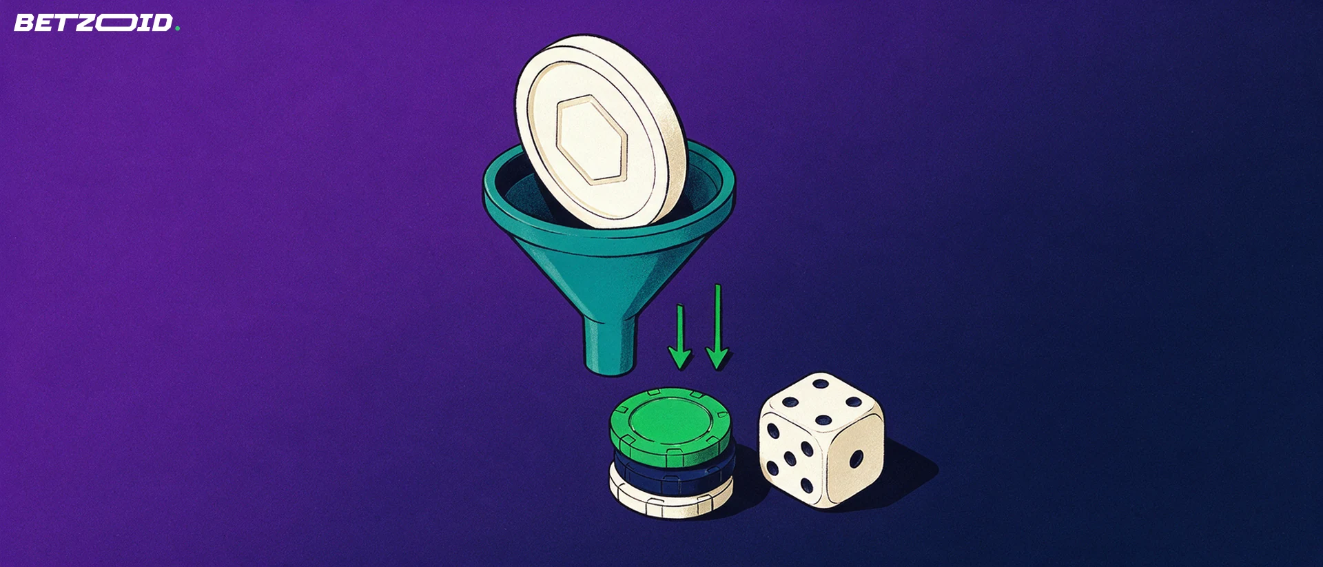 Illustration of a plain digital coin entering a funnel and becoming casino chips beside a die