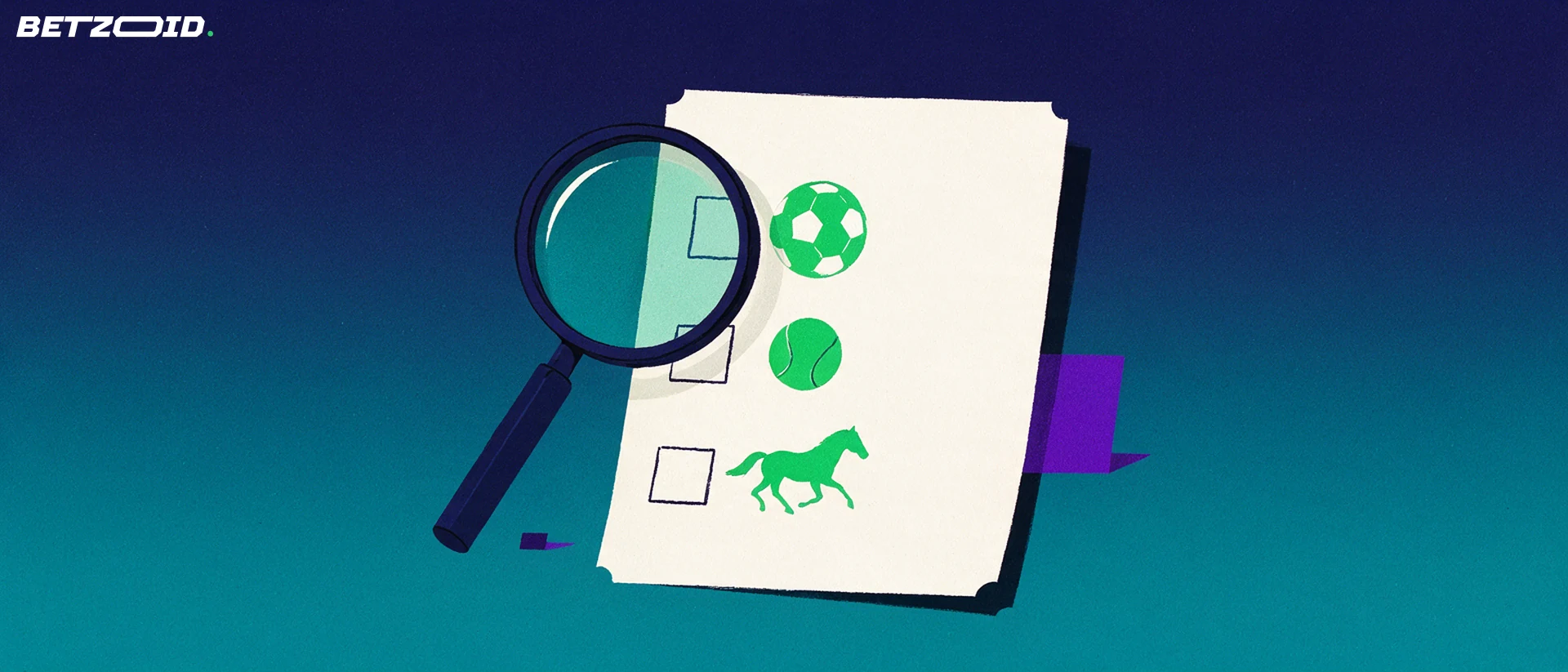 Illustration of a large magnifying glass examining a paper betting slip marked with football, tennis and horse-racing symbols.