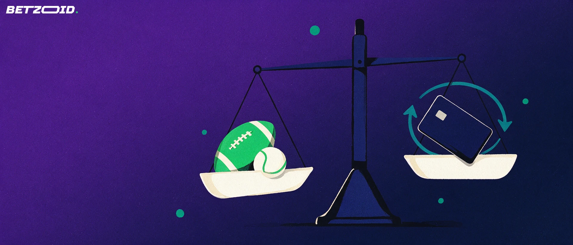 Illustration of a balance scale weighing a football and tennis ball against a plain payment card with a circular arrow.