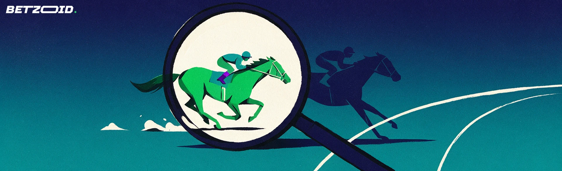 Illustratie van een vergrootglas dat een galopperend renpaard met jockey op een renbaan uitvergroot.
