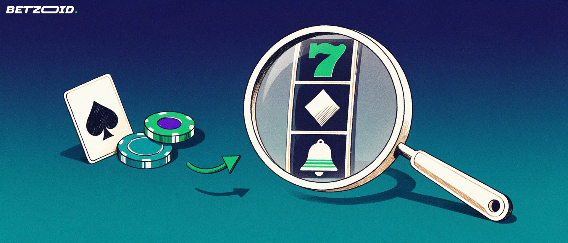 Illustration of a magnifying glass enlarging a slot reel strip beside a playing card and casino chips.