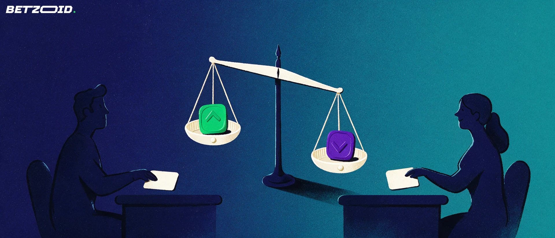 Illustration of a balance scale holding an upward green chevron in one pan and a downward purple chevron in the other, with two seated figures facing each other.