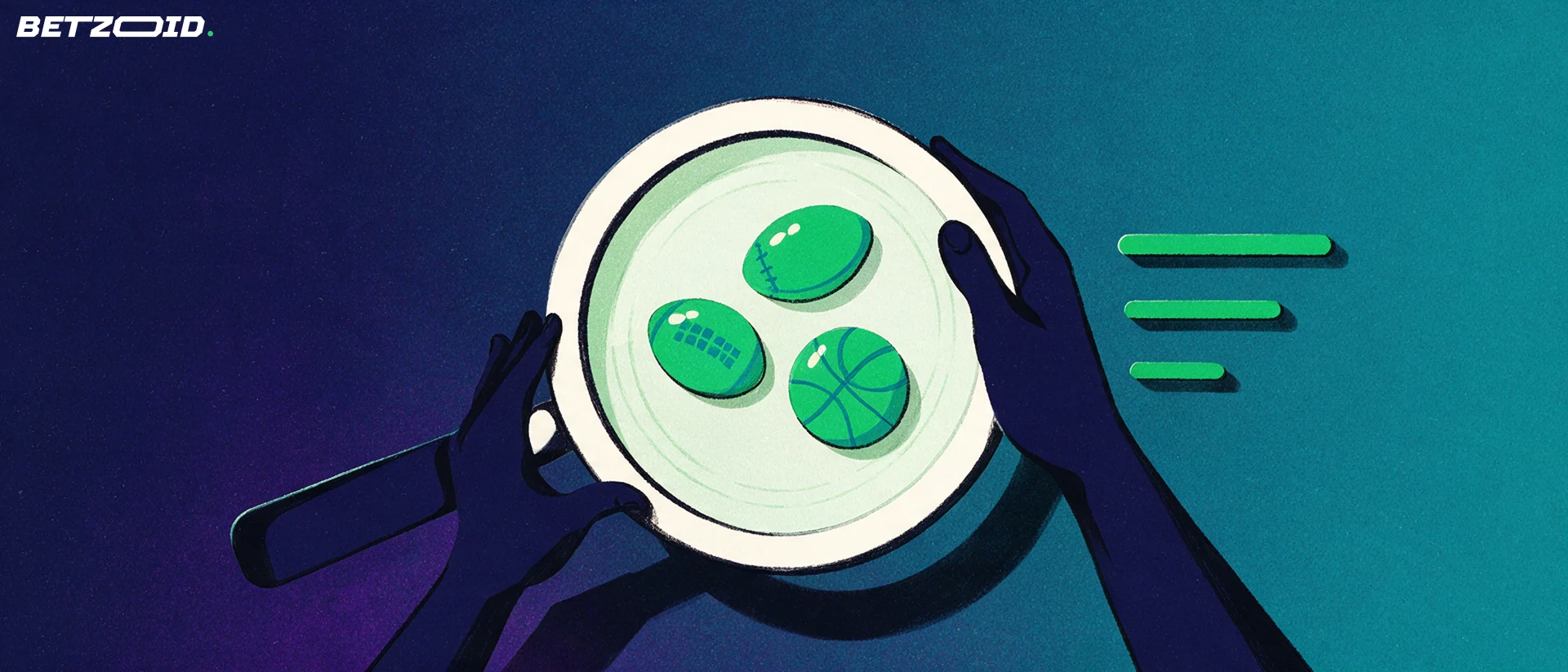 Illustration of hands holding a large magnifying glass revealing rugby, football and basketball symbols beside a simple rating bar scale.