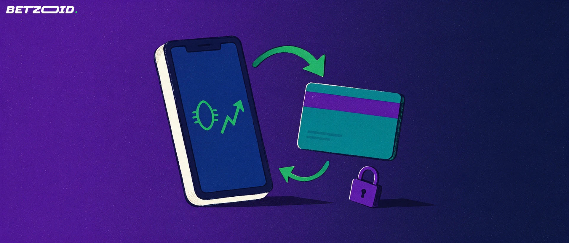 Illustration of a smartphone showing a ball and rising arrow connected by looping arrows to a bank card and a small padlock.