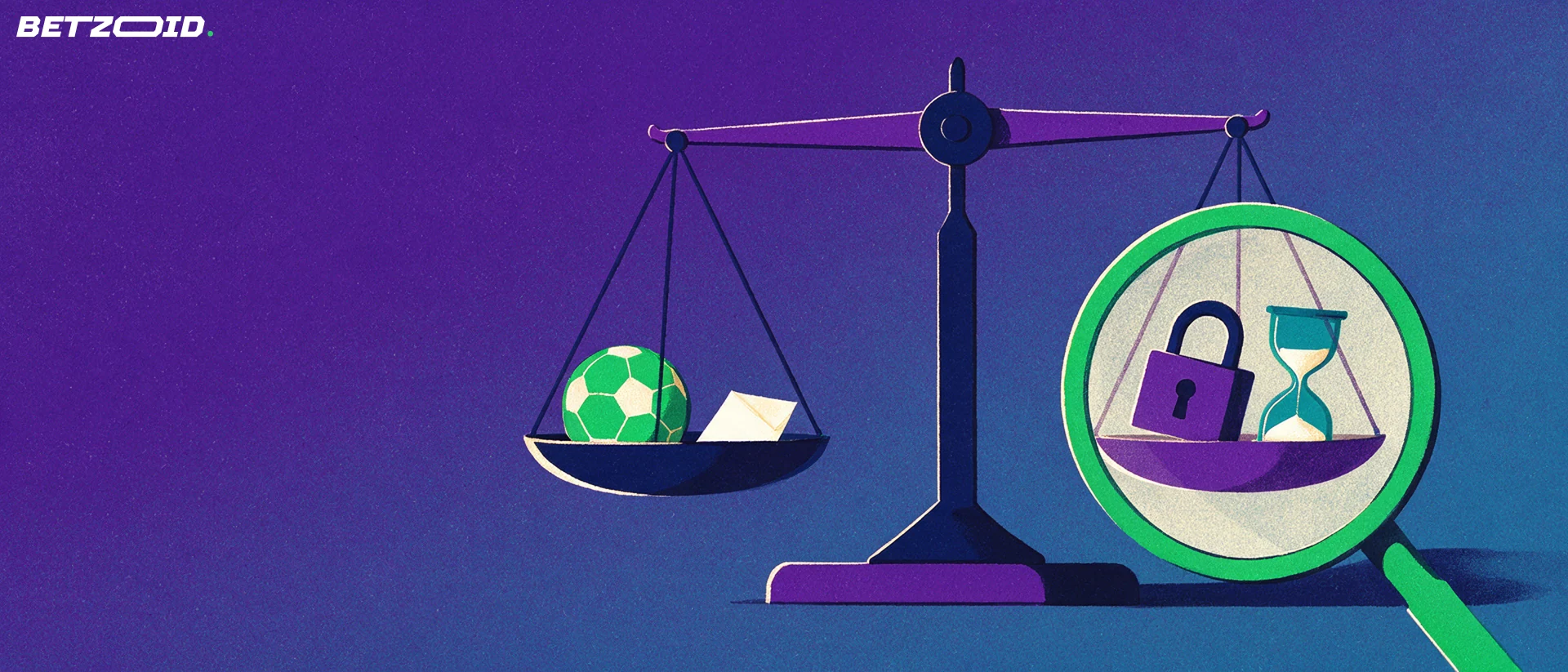Illustration of a balance scale holding a football and slip on one pan and a padlock and hourglass on the other, inspected through a magnifying glass.