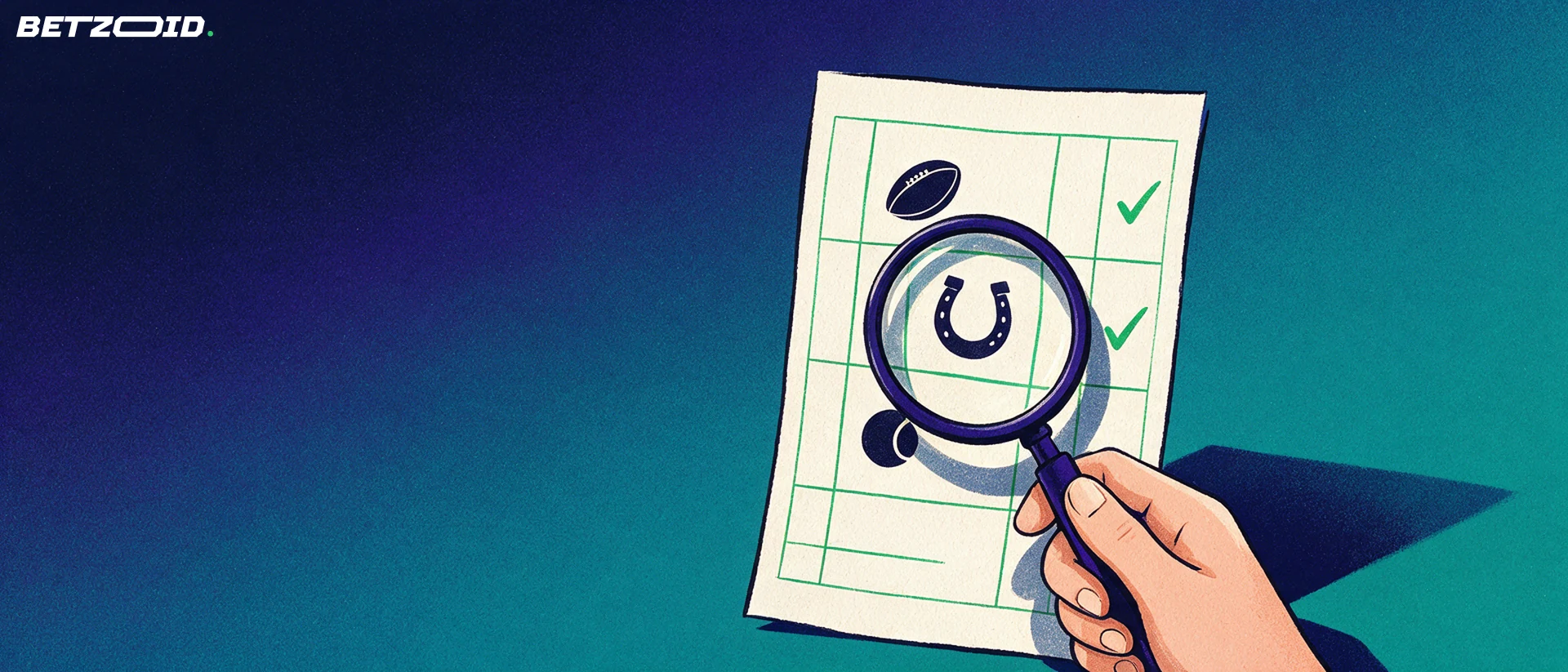 Illustration of a magnifying glass inspecting a betting slip marked with rugby, horseshoe and tennis symbols