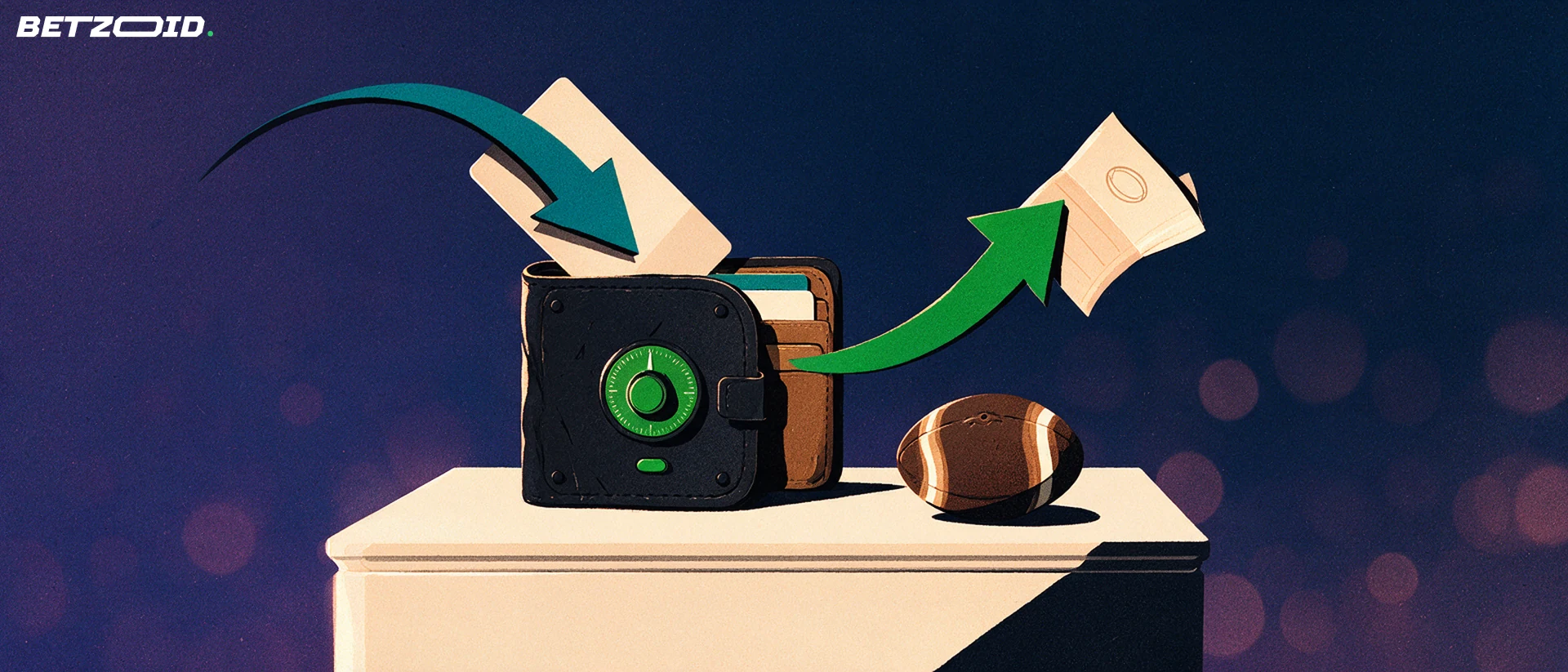 Illustration of a vault-like wallet with arrows showing a bank card going in and a betting ticket coming out beside a rugby ball