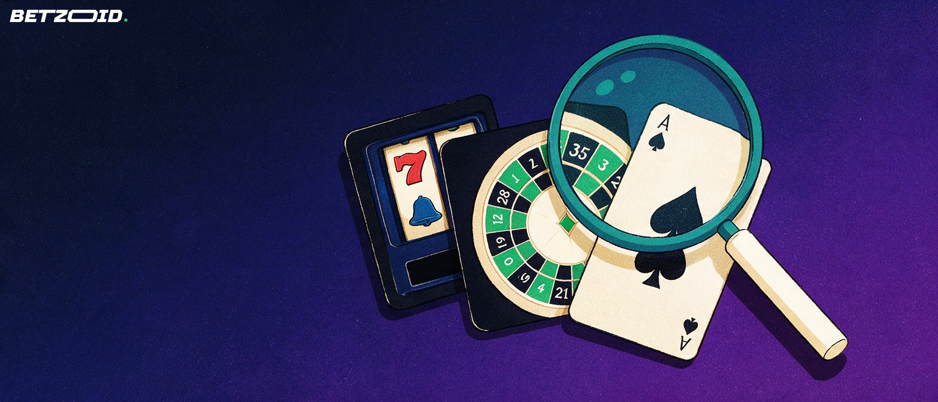 Illustration of a magnifying glass enlarging casino game panels showing a slot reel, a roulette wheel segment and a playing card