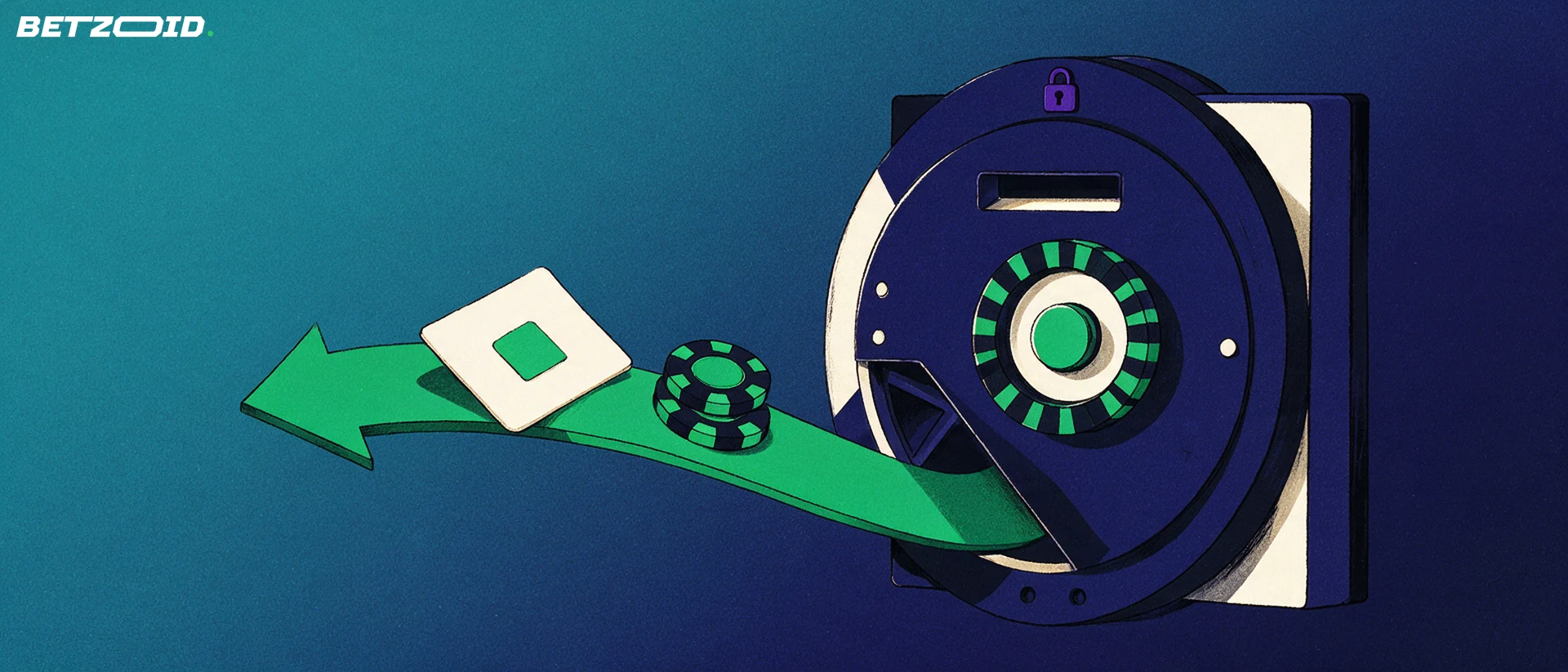 Illustration of a vault door with a casino chip handle and a green arrow carrying a payment card and chips away from it
