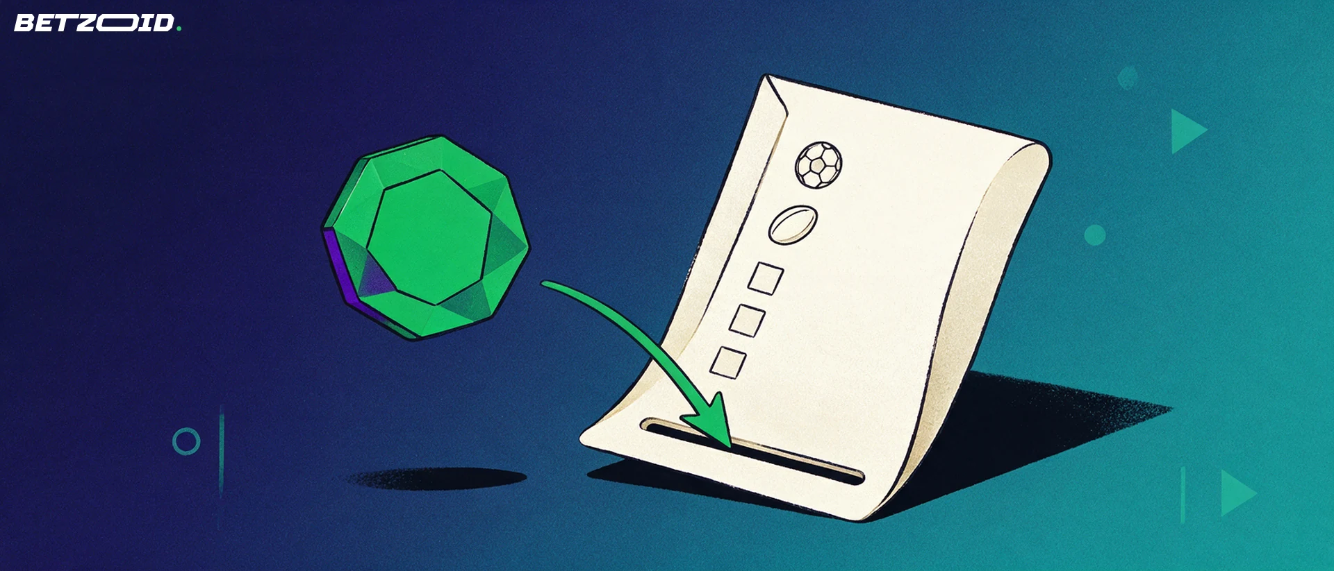 Illustration of a large folded sports betting slip with ball icons while a faceted digital coin travels along an arrow into its slot.