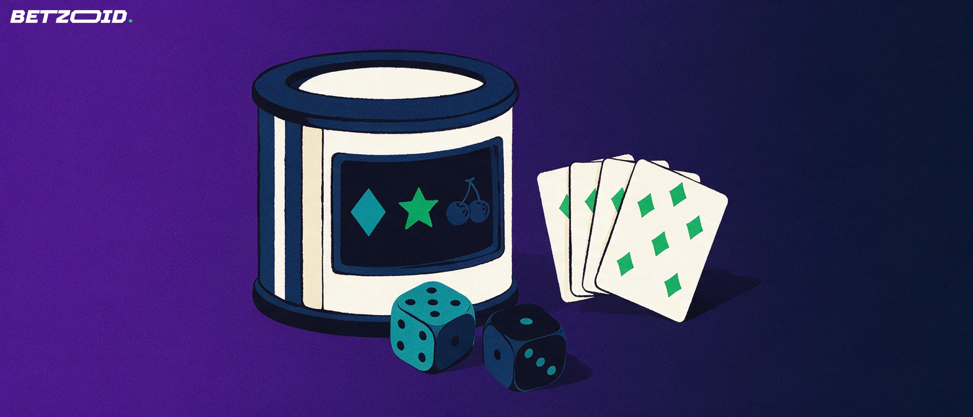 Illustration of a slot machine reel drum showing simple symbols beside a fan of playing cards and two dice.