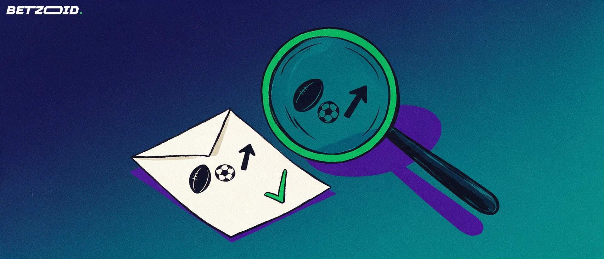 Illustration of a large magnifying glass inspecting a folded betting slip marked with rugby ball, football and arrow symbols beside a green checkmark.