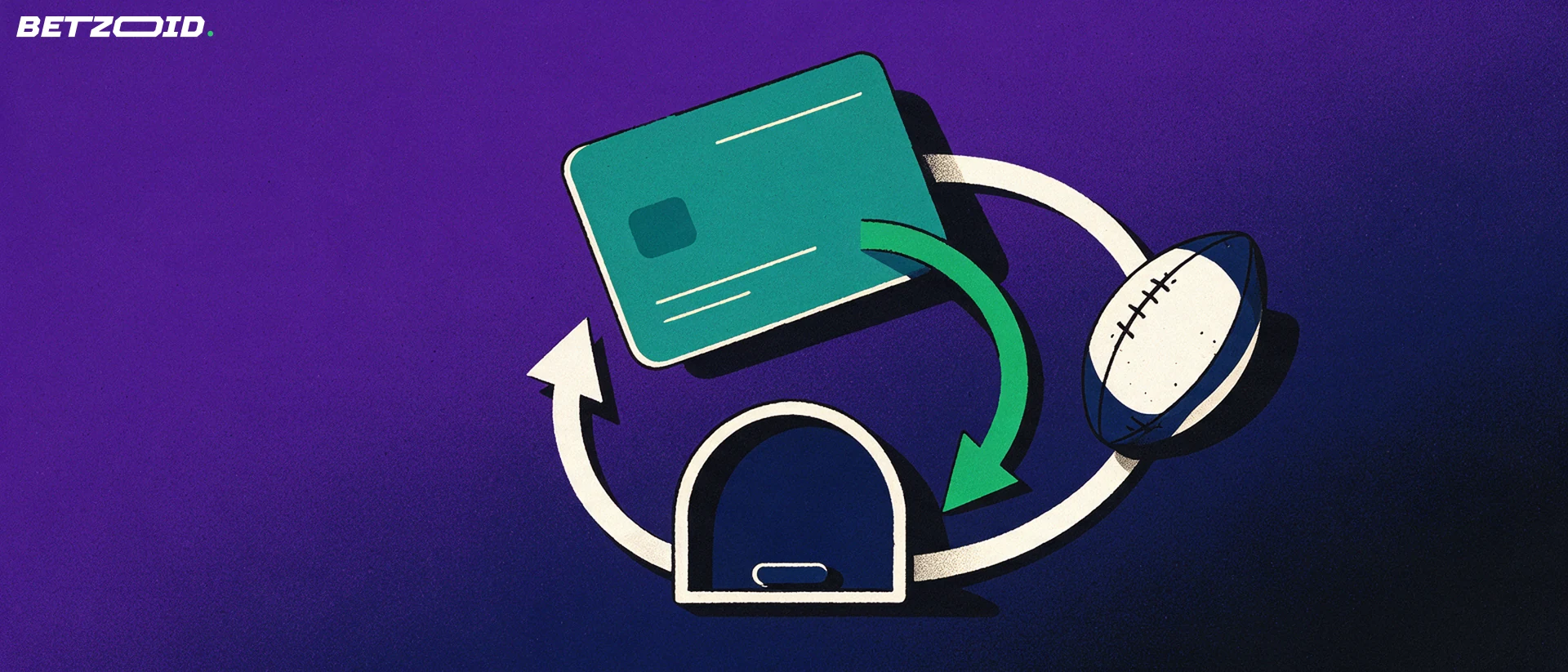 Illustration of an unbranded payment card with green and white arrows looping into and out of an arched slot beside a rugby ball.