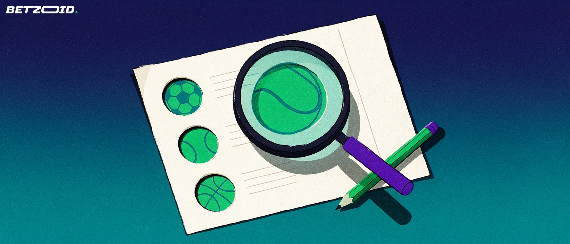 Illustration of a magnifying glass inspecting a paper betting slip printed with football, tennis and basketball symbols.