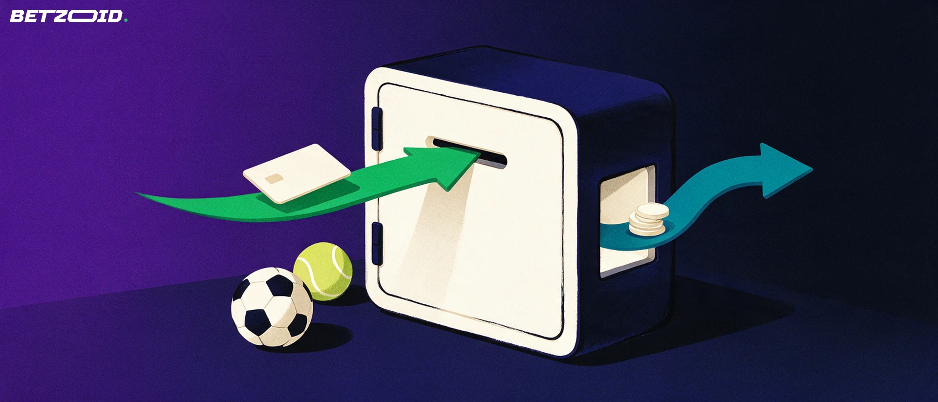 Illustration of a safe with a ticket-shaped slot, arrows showing a card going in and coins coming out, beside a football and tennis ball.