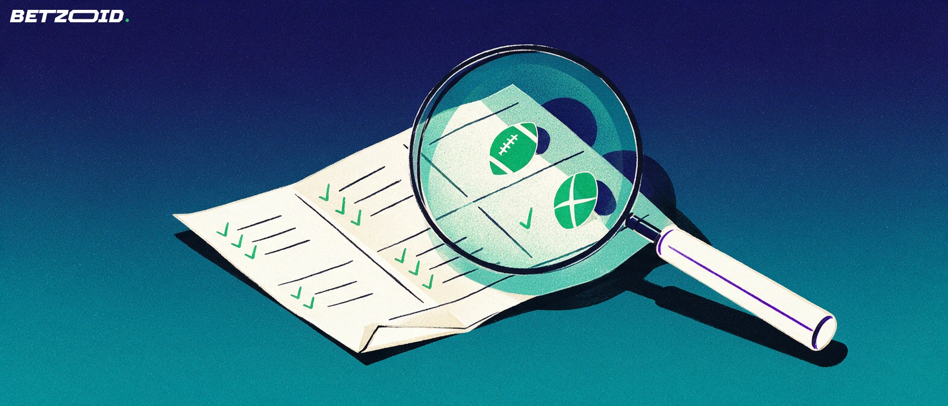 Illustration of a magnifying glass inspecting a sports betting slip marked with football and rugby symbols.
