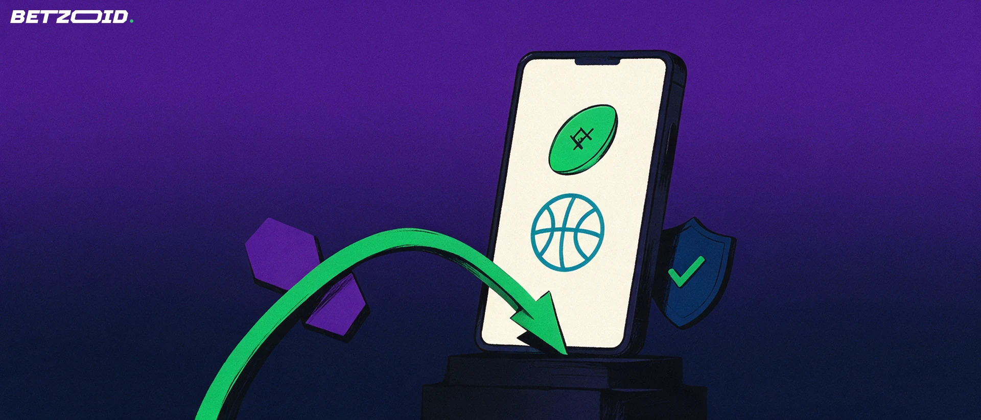 Illustration of a handheld device showing rugby and basketball symbols with a green arrow and hexagonal token flowing into it.