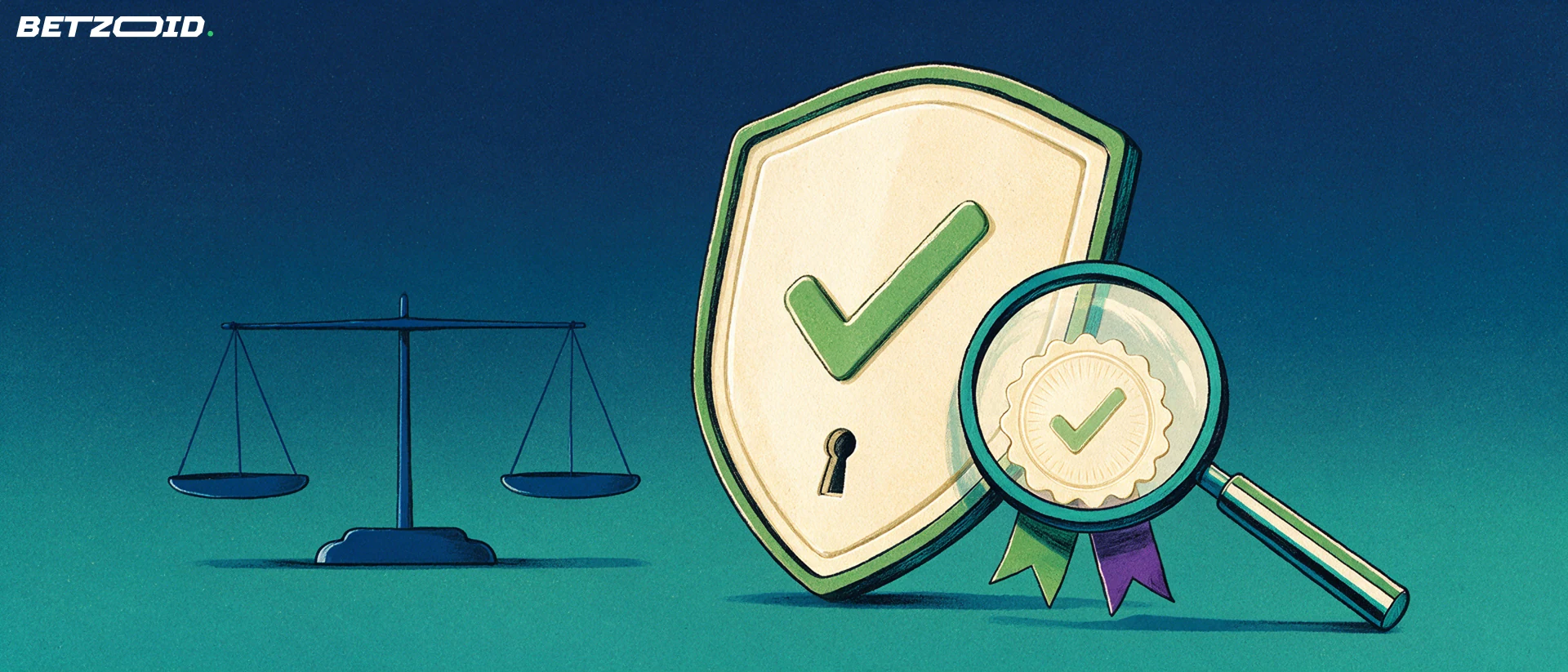 Illustration of a magnifying glass inspecting a shield with a check mark and an official seal, with small balance scales nearby