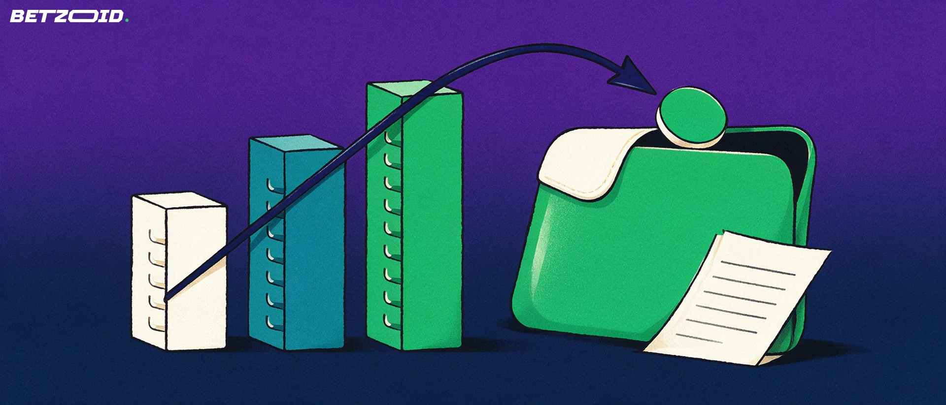Illustration of a rising ladder of odds bars with an arrow curving into an open wallet beside a blank betting slip