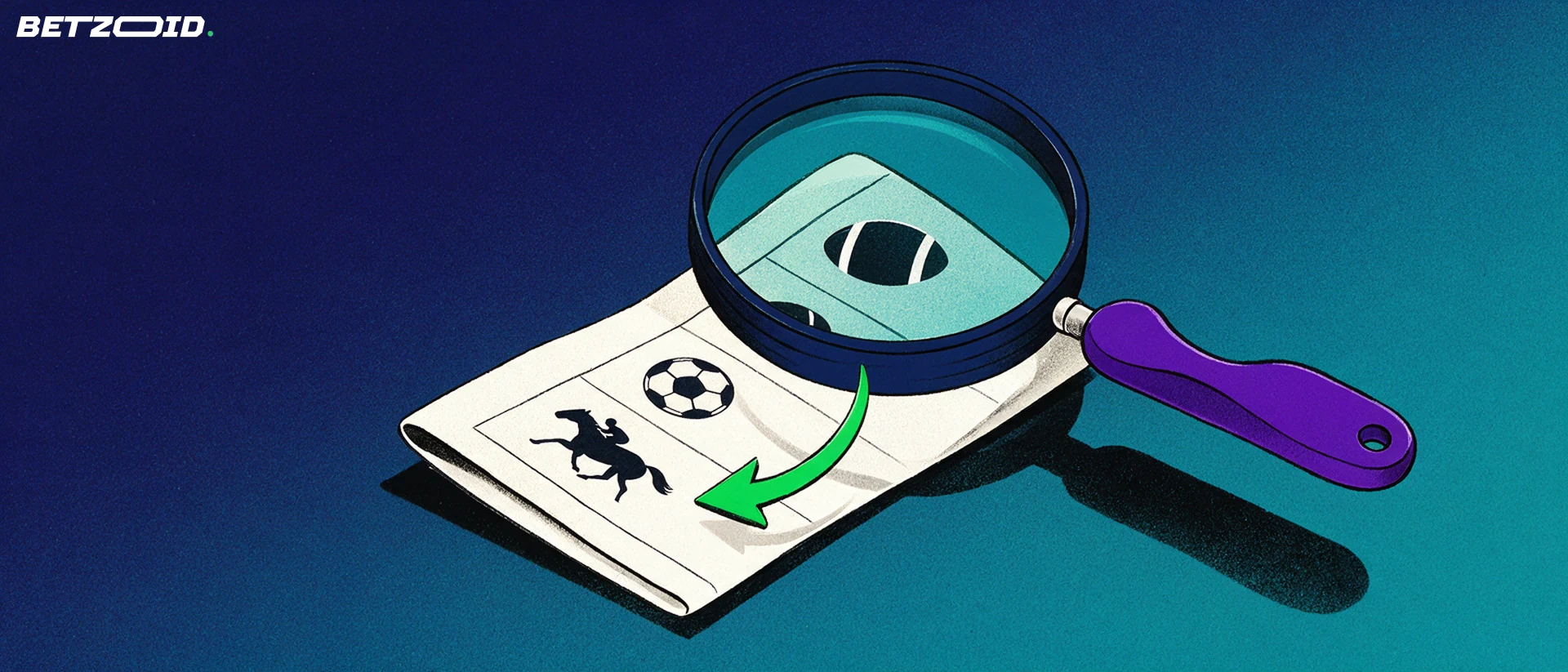Illustration of a magnifying glass inspecting a paper betting slip marked with rugby, football and horse racing symbols