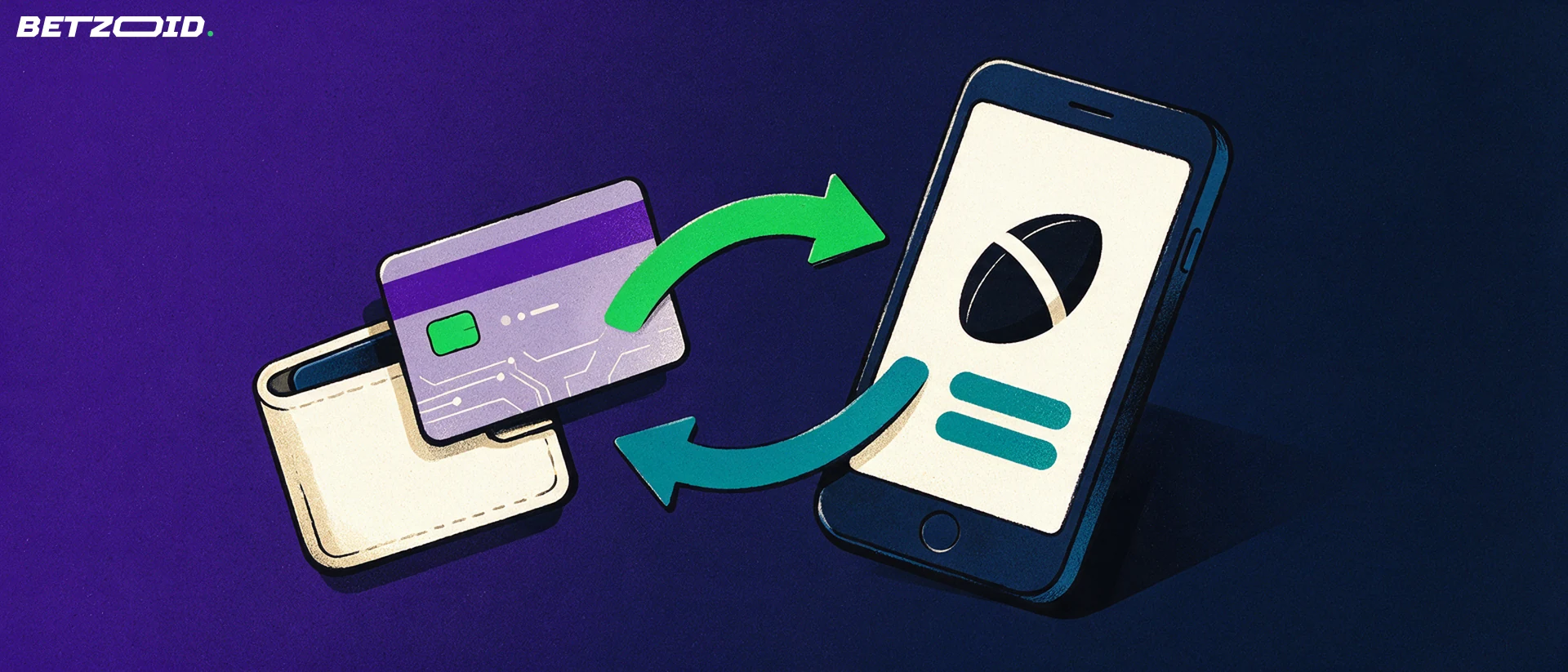 Illustration of a tilted mobile device showing a rugby ball symbol, linked by arrows to a bank card and wallet