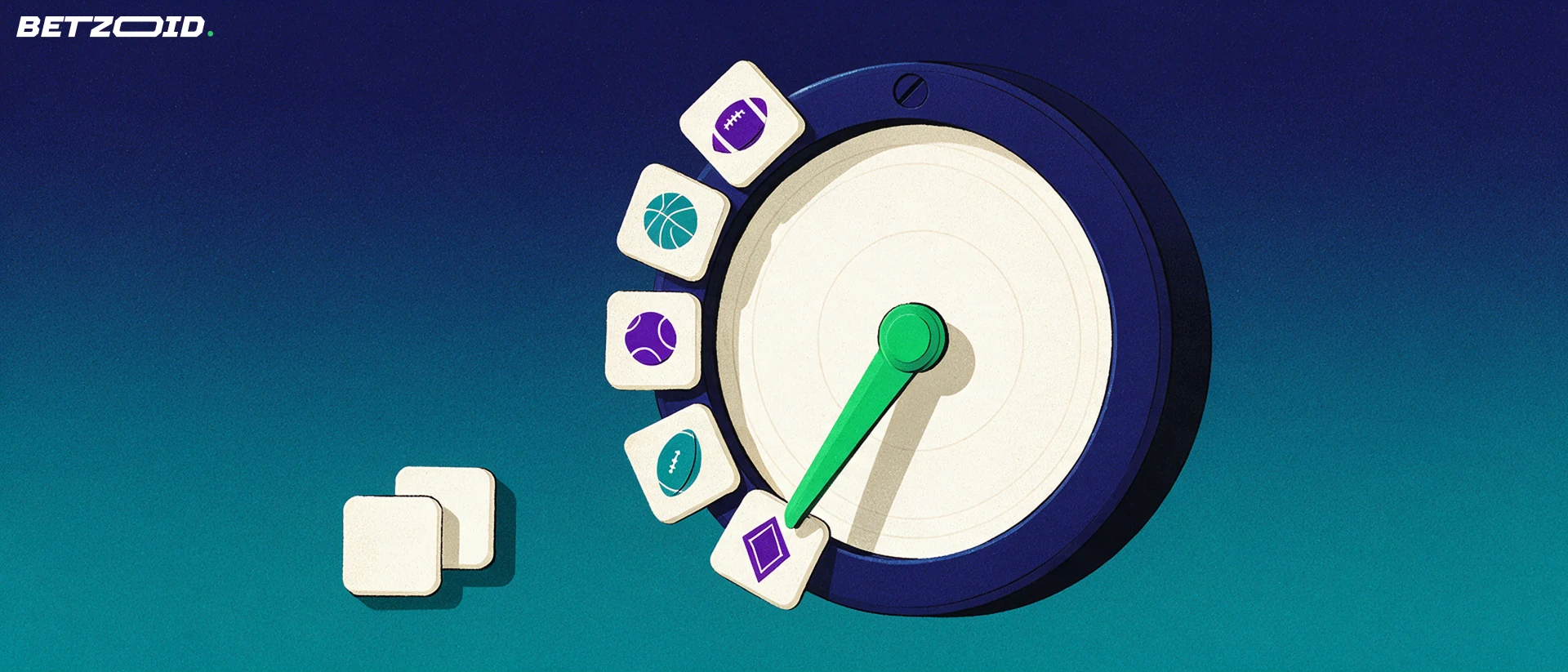 Illustration of a large dial board ringed with tiles showing different sport and card symbols, with a green pointer selecting one market.