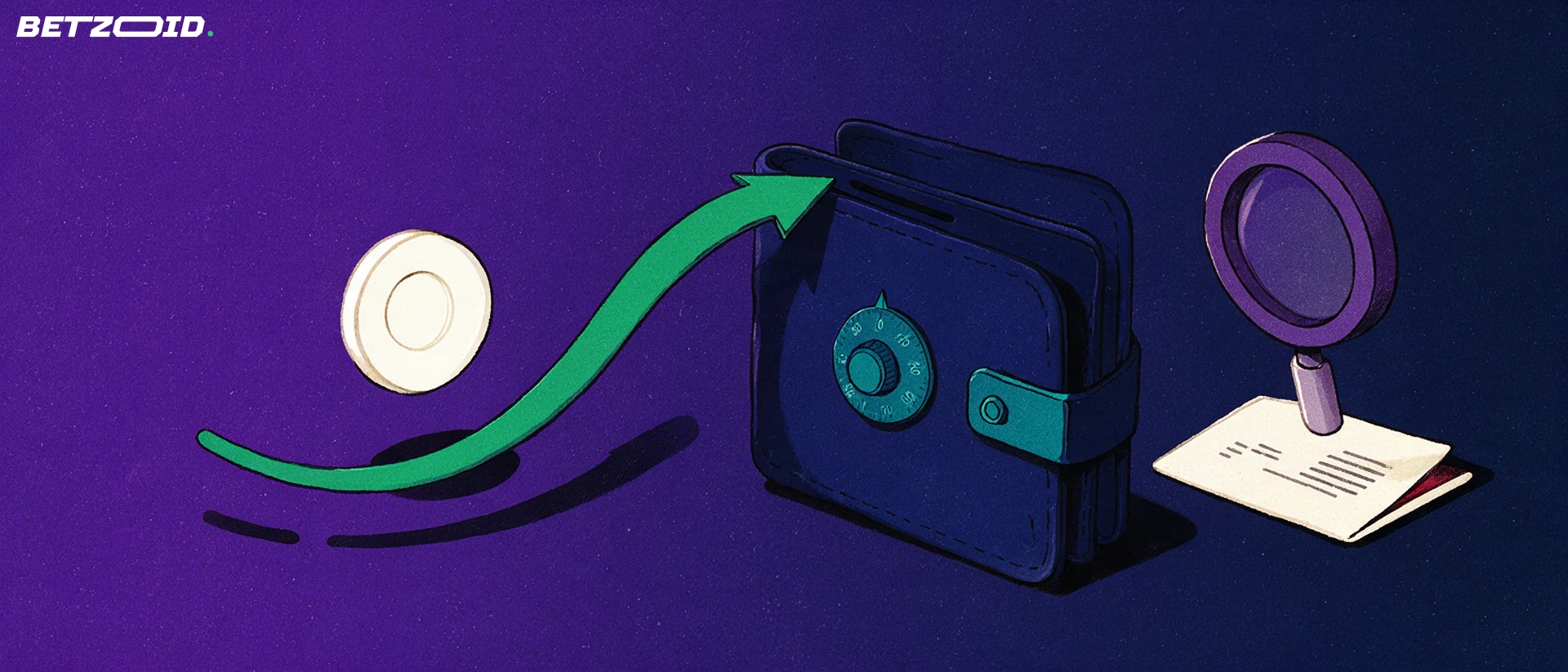 Illustration of a coin moving along a green arrow into a wallet-vault, beside a magnifying glass inspecting a folded terms document.