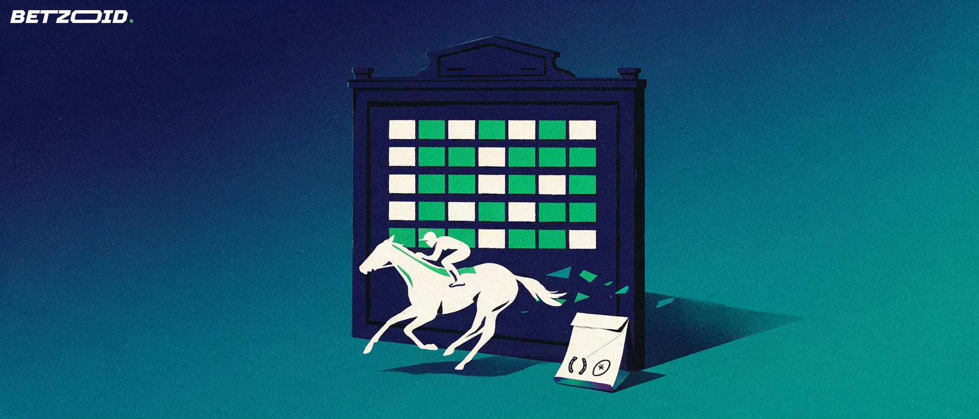 Illustration of a blank race betting board with a galloping racehorse silhouette and a folded paper betting slip marked with a horseshoe and a rugby ball.
