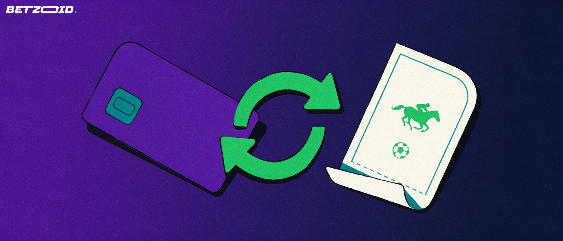 Illustration of a plain payment card and a betting slip with sport symbols, linked by a green two-way arrow loop representing deposits and withdrawals.