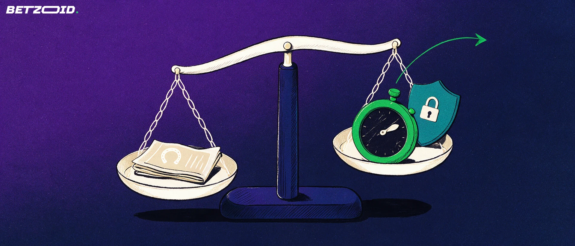 Illustration of a balance scale weighing a folded betting slip against a stopwatch and a padlock shield.