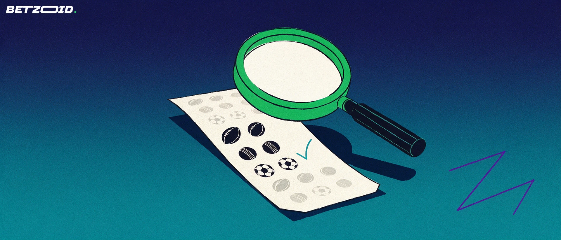 Illustration of a large magnifying glass enlarging rows of rugby, cricket and football symbols printed on a paper betting coupon.