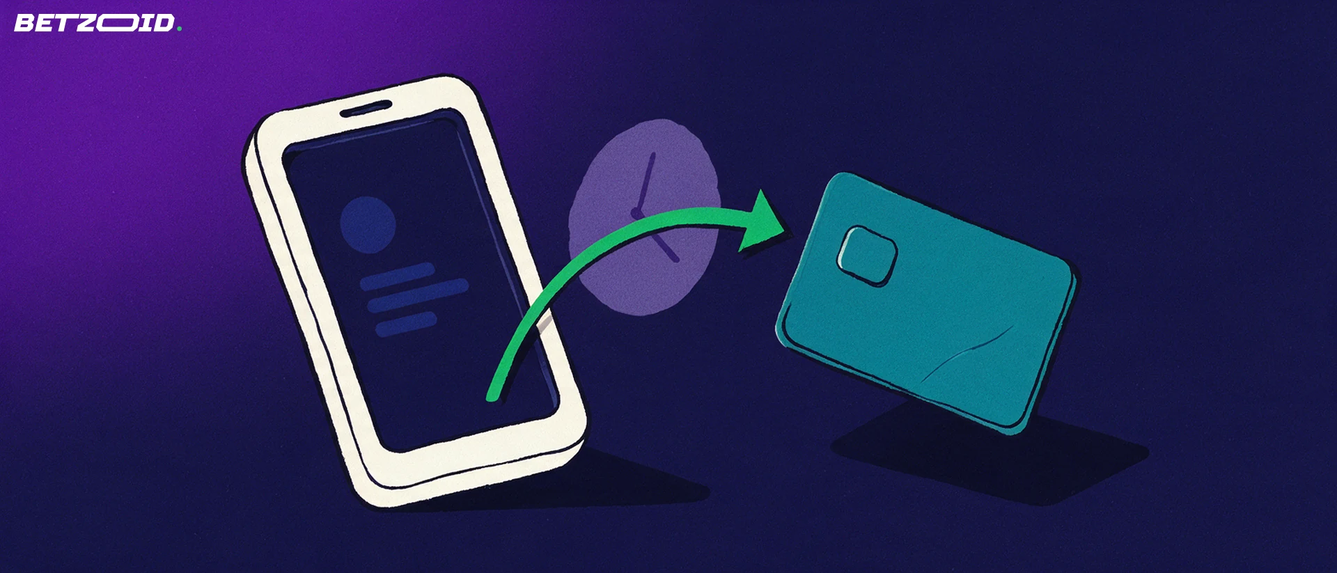 Illustration of a mobile betting app with simple sport symbols, a green arrow leading to a plain payment card, and a numberless clock.