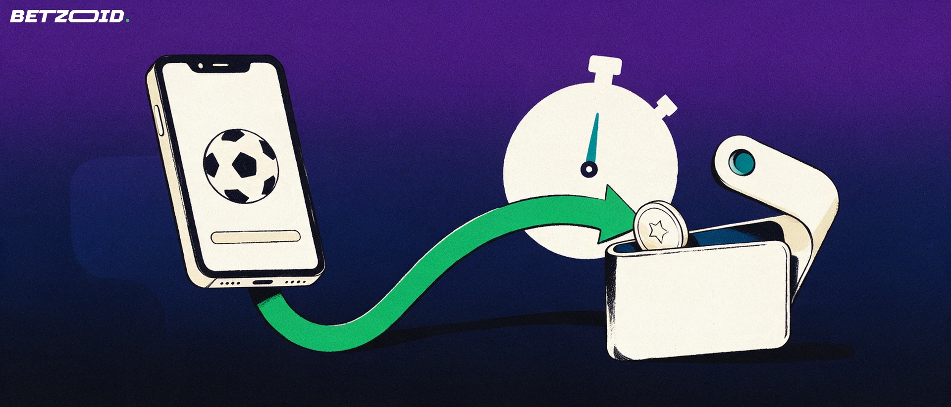 Illustration of a smartphone with a football symbol sending a curved arrow and coin into an open wallet beside a stopwatch.