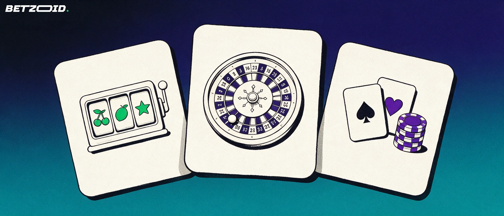 Illustration of three tilted casino cards showing a slot reel, a roulette wheel and playing-card symbols