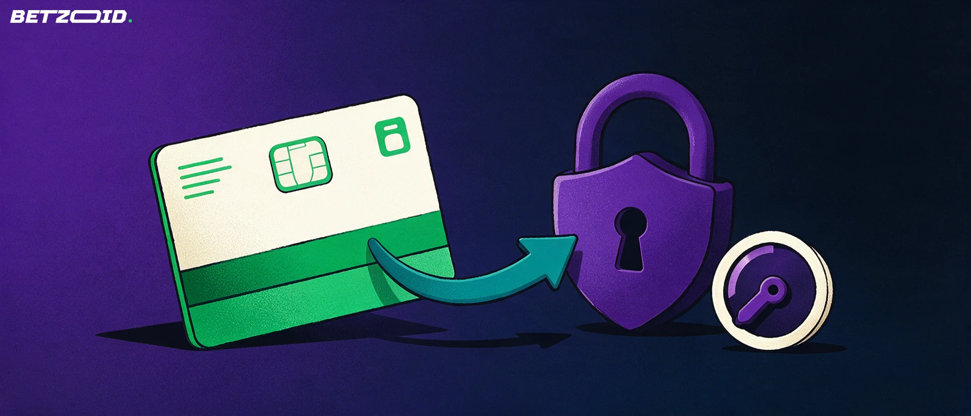 Illustration of a bank card with an arrow curving into a padlock shield beside a limit dial