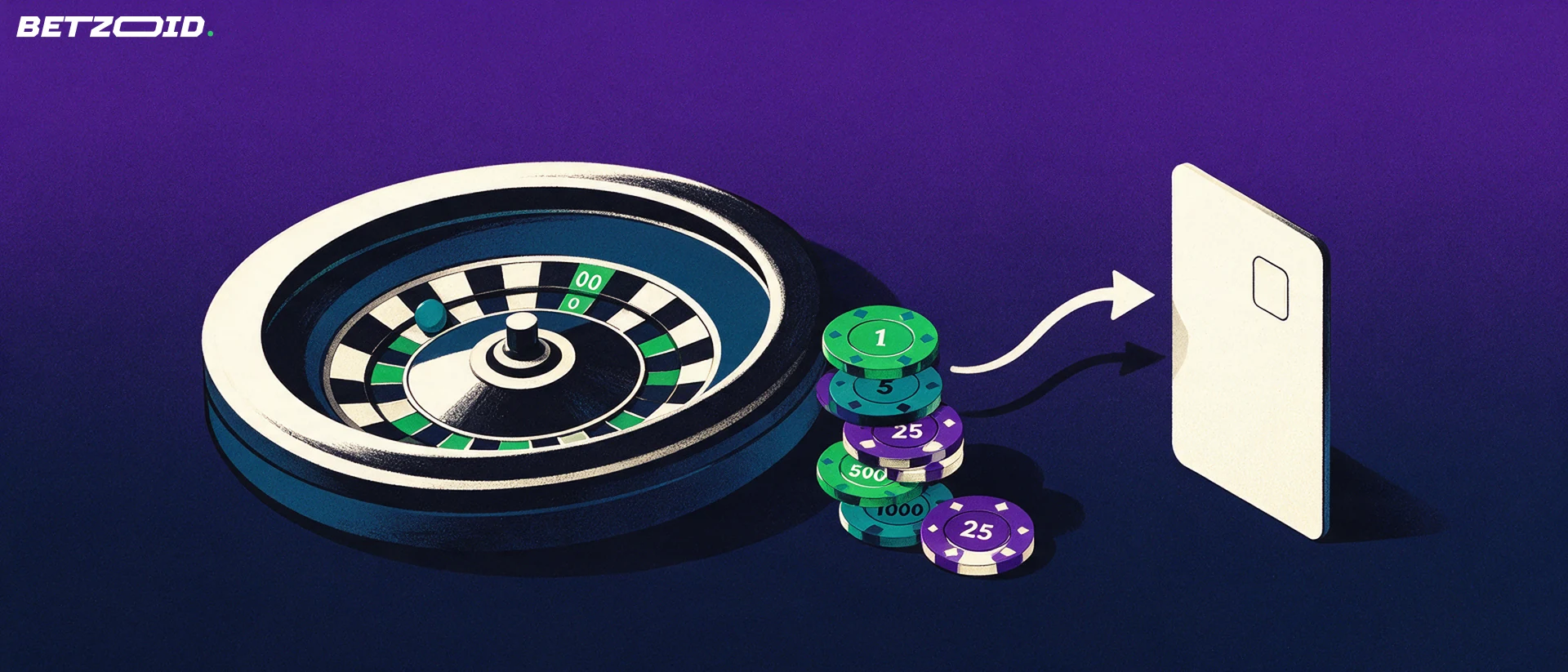 Illustration of a roulette wheel and a stack of casino chips with an arrow curving toward a plain bank card