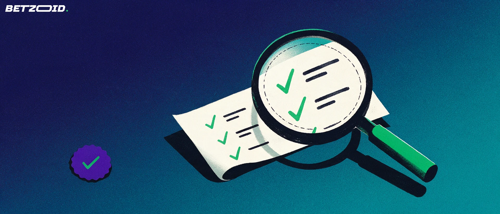 Illustration of a large magnifying glass examining a betting slip marked with green check marks