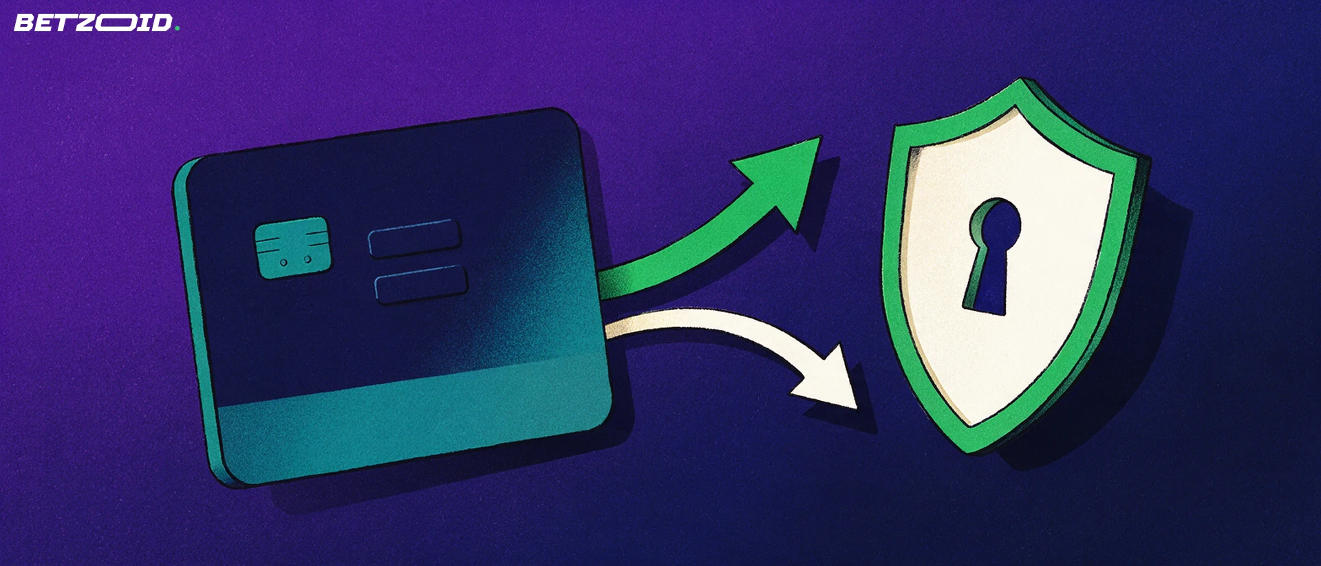 Illustration of a payment card with two arrows flowing toward a keyhole shield, representing deposits and withdrawals