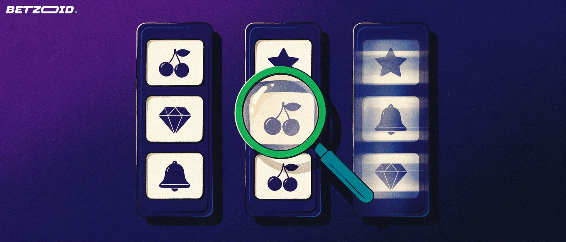 Illustration of three spinning pokie reel strips with simple game symbols, examined through a large magnifying glass.