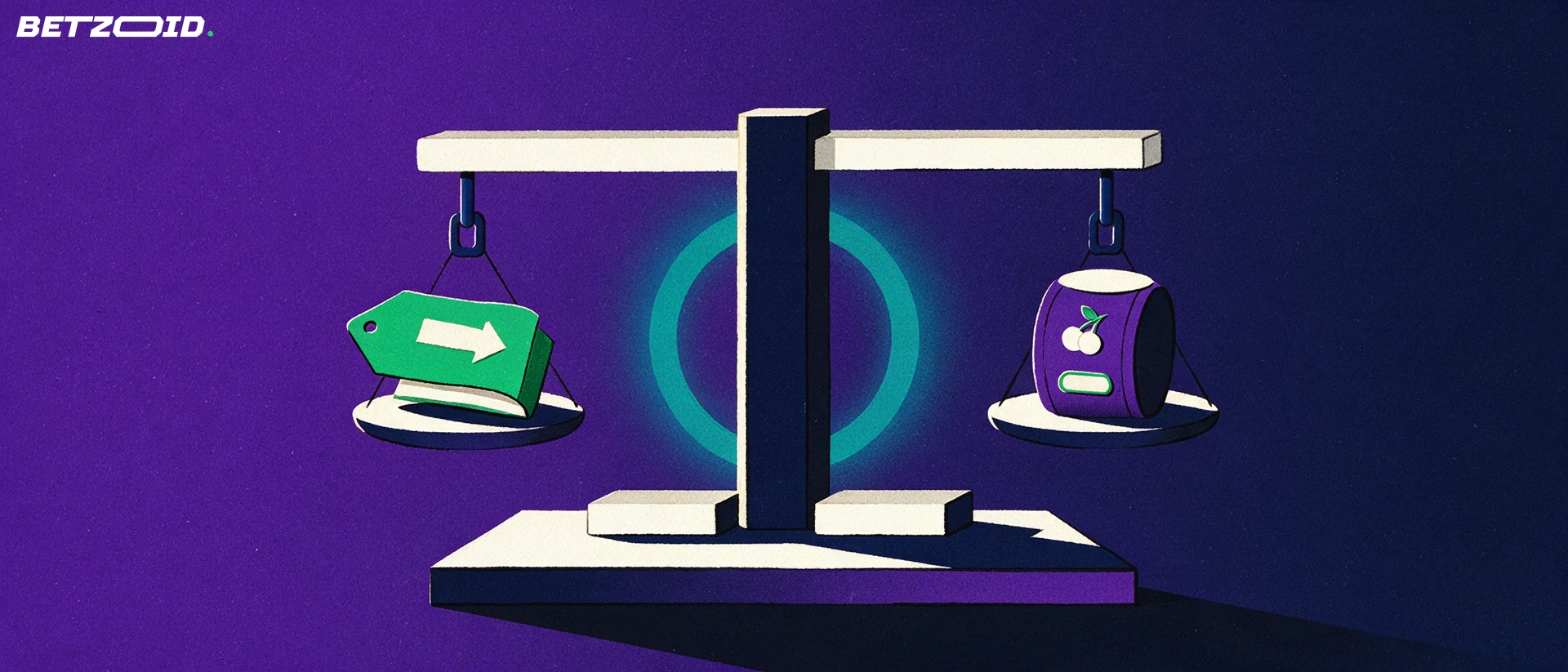 Illustration of a balance scale holding a betting slip on one pan and a slot machine reel on the other