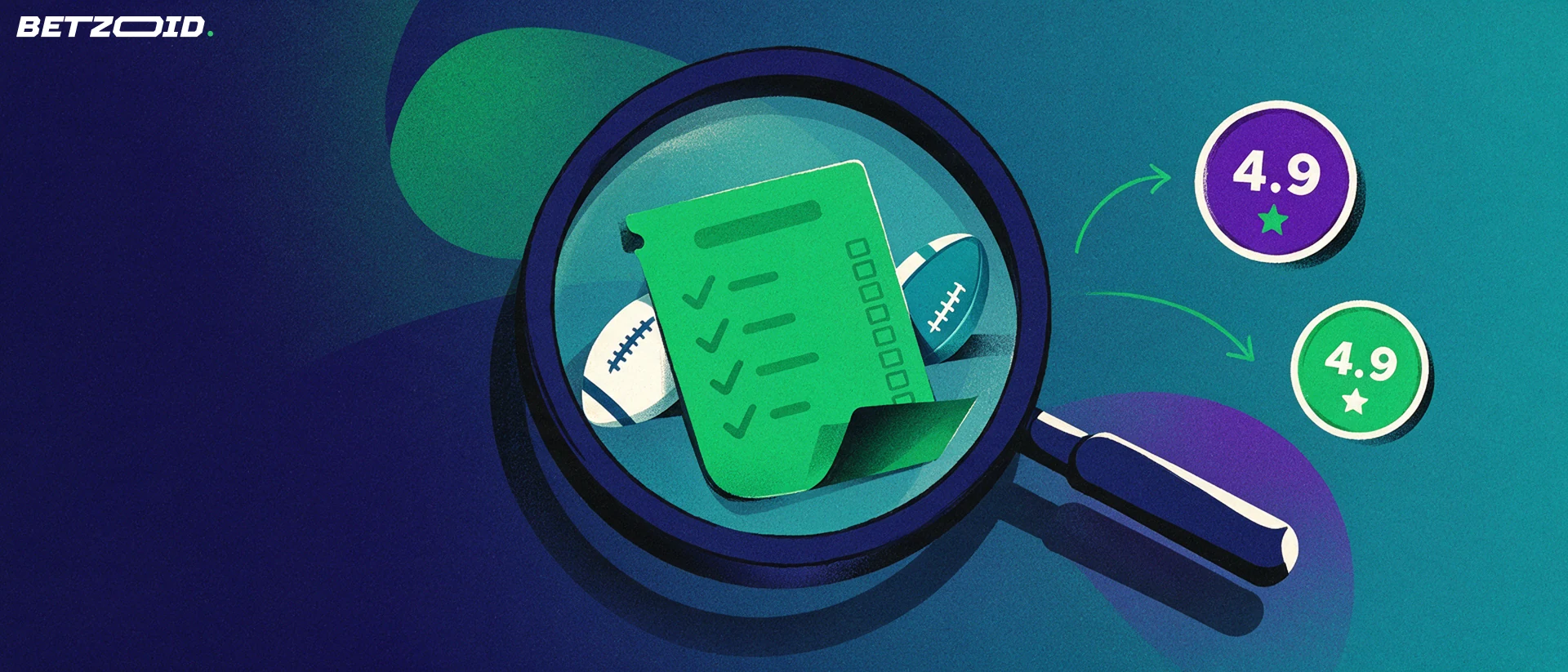 Illustration of a large magnifying glass examining a betting slip with a football and rugby ball behind it.
