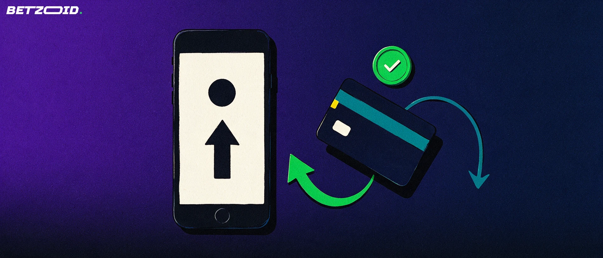 Illustration of a smartphone with simple sport icons connected by curved arrows to a bank card, showing deposits and withdrawals.