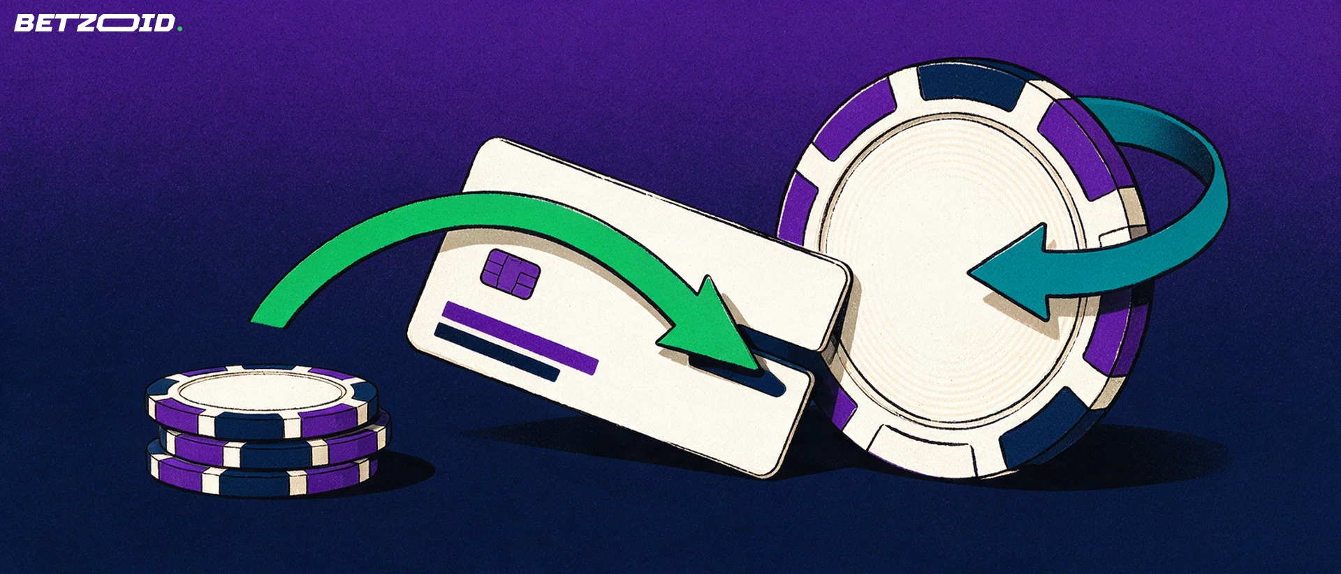Illustrasjon av en casinosjetong som føres inn i et umerket betalingskort, med to buede piler som viser innskudd og uttak.