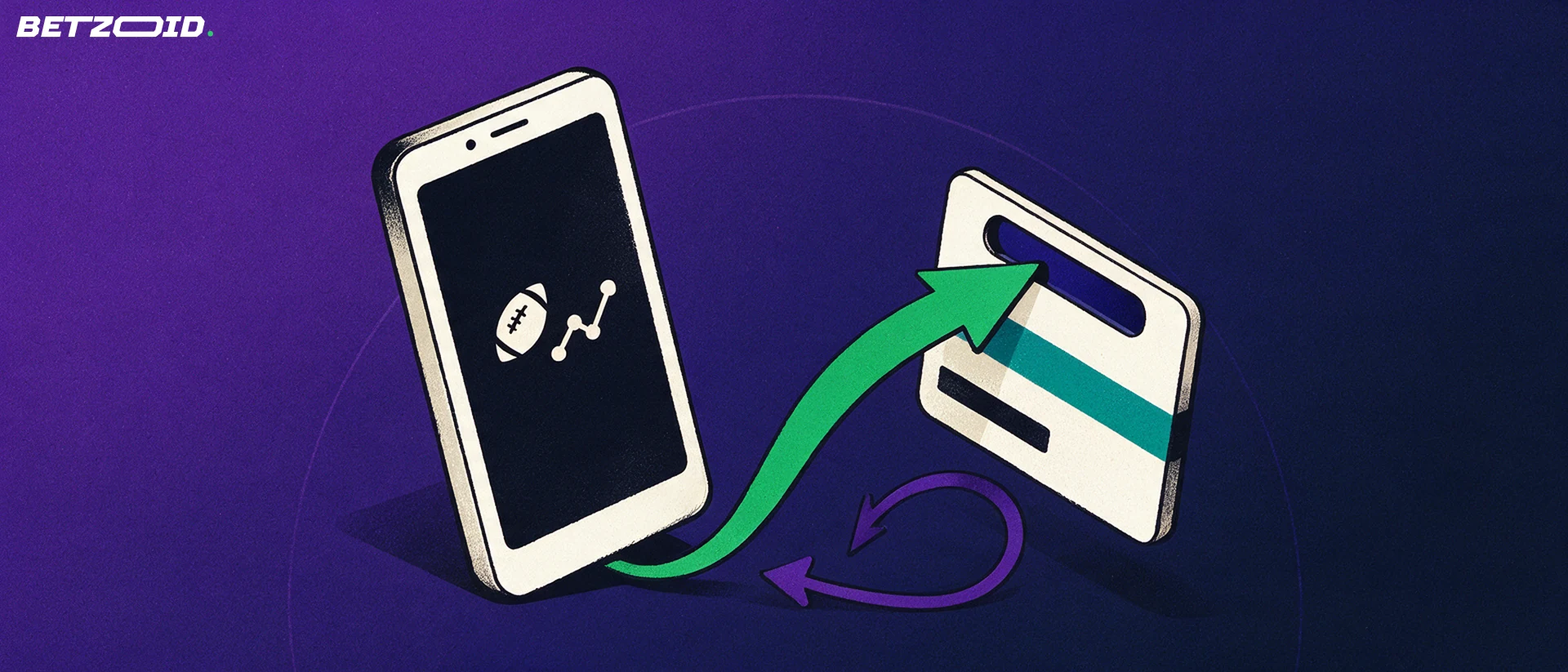 Illustrasjon av en mobiltelefon med fotballsymbol, med grønn pil som går mot et bankkort og en lilla pil tilbake til telefonen.